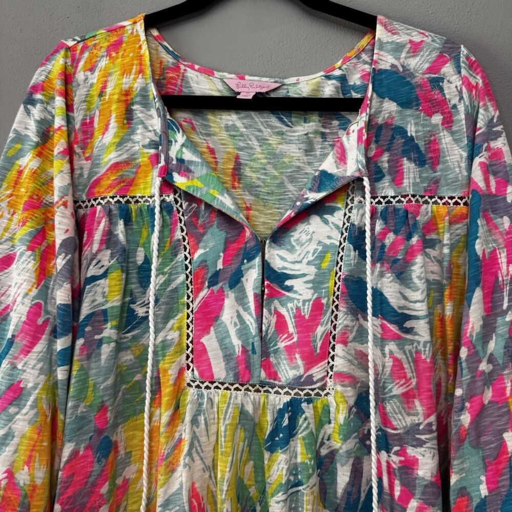 Lilly Pulitzer Colorful Abstract Paint Splash Slub Cotton Tassel Tunic Blouse XL - Picture 4 of 11